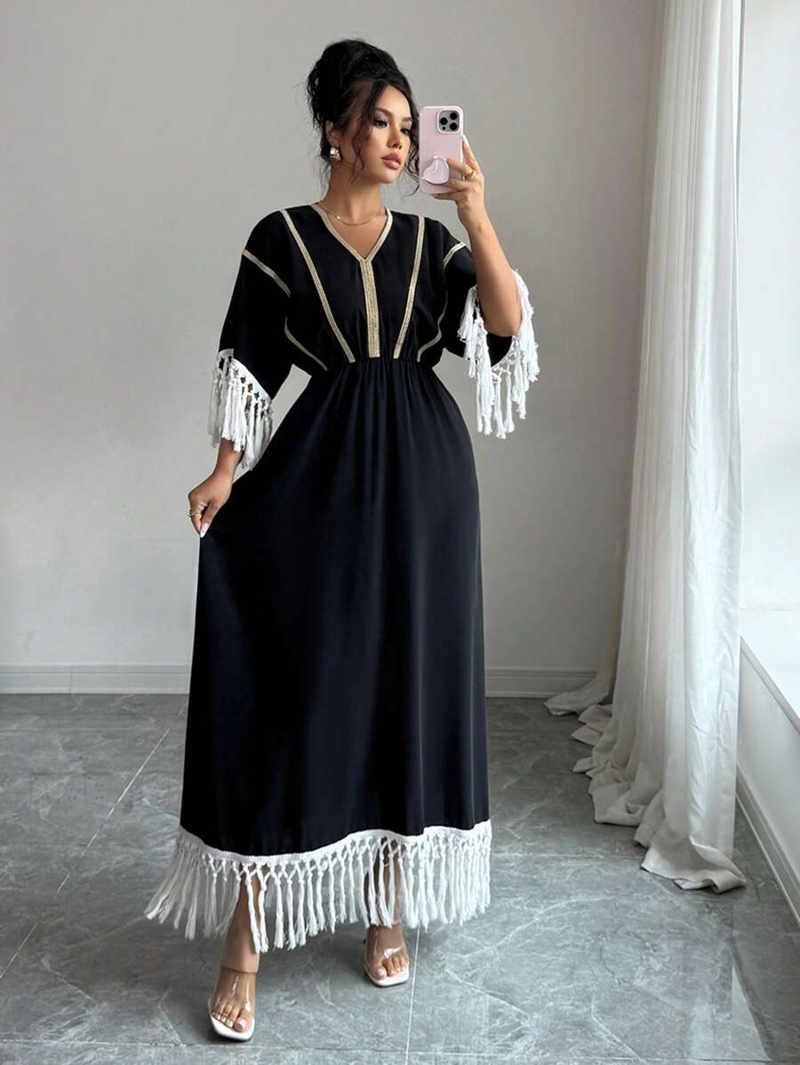 Chiquease 女式 V 领抽绳 A 字形流苏下摆长款连衣裙 - 黑色 - 查看 1