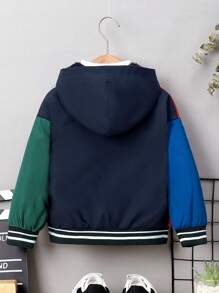 SHEIN Young Boy Casual Comfortable Warmth Letter & Christmas Color Block Striped Hooded Jacket With Thermal Lined, Autumn & Winter - Navy Blue - View 2