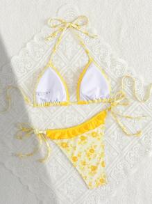 Swim Vcay Bikini giallo alla moda da vacanza, con volant, stampa floreale ditsy, per donna d'estate