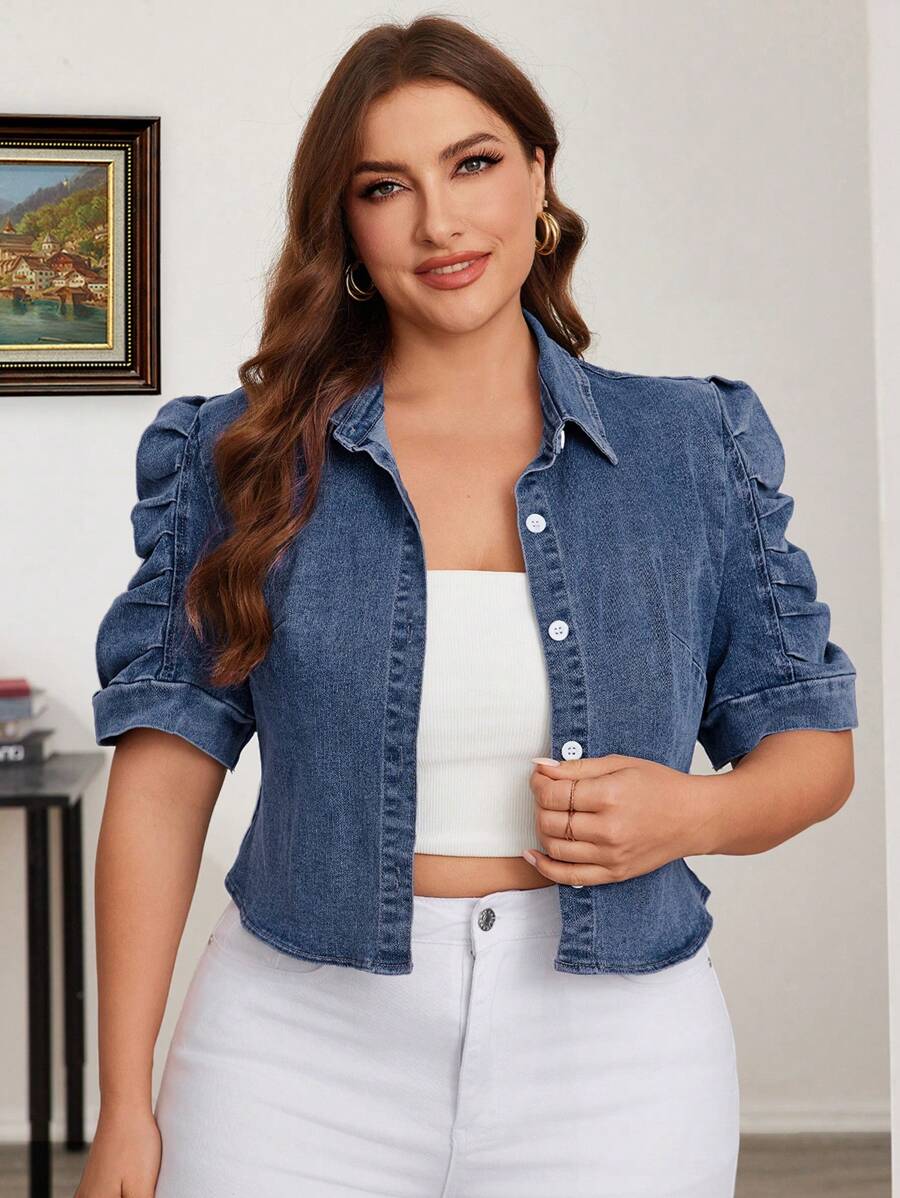 SHEIN Essnce 大码休闲水洗泡泡袖牛仔夹克 - 藍色 - 查看 1