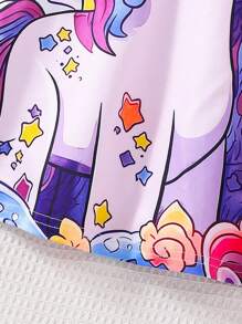 1 pieza Vestido casual cómodo de manga corta con estampado de unicornio lindo para niñas, adecuado para uso diario, fiestas, escuela, festivales y otras ocasiones