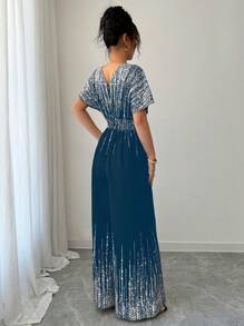 Rafferiza V领蝙蝠袖金色印花连体裤，夏季 - 藍色 - 查看 2