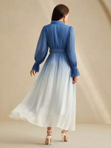 Anewsta 优雅圆领系带袖收腰渐变色雪纺印花女式连衣裙