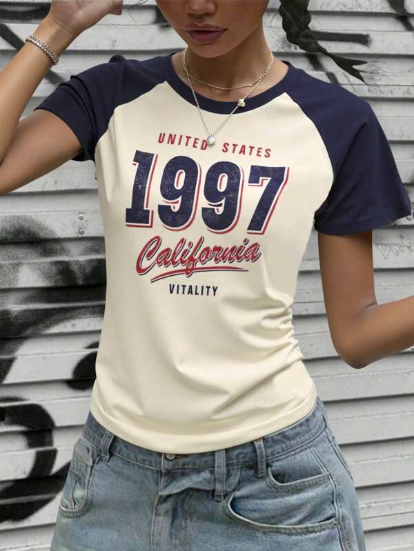 GraphicGems Summer Vintage 1997 Print Pattern Girls Crew Neck Short Sleeve Raglan Sleeve Casual T-Shirt