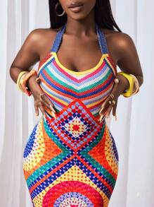 BamGleam Women All-Over Print Bodycon Halter Backless Sleeveless Dress - Multicolor - View 7