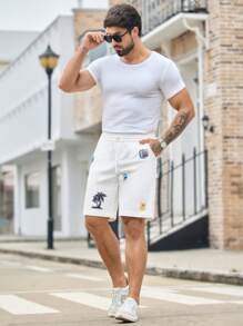 Manfinity VCAY Short droit de taille moyenne pour hommes, à cordon de serrage, style décontracté avec broderie - Blanc - Voir 5