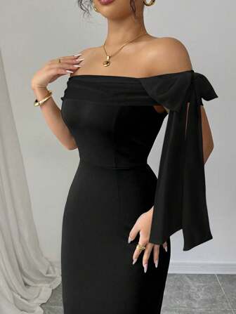 Rafferiza Black Off Shoulder Solid Color Knotted Slim Elegant Long Dress