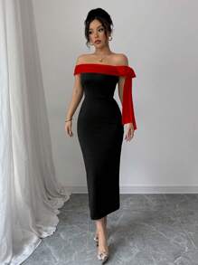 Rafferiza Vestido largo elegante con hombros descubiertos, detalles de lazo y ribete de contraste