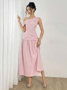 Modelyn Set de 2 piezas compuesto por top ajustado y falda con decoración floral con lentejuelas y strass, cuello asimétrico, para mujer, de verano, elegante - Rosa - Ver 6