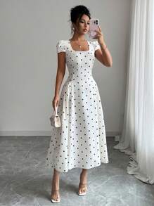 Elenzga Đầm Maxi Tay Ngắn Xếp Ly Cổ Vuông In Chấm Bi Thanh Lịch Cho Nữ - Nhiều màu - Xem 3