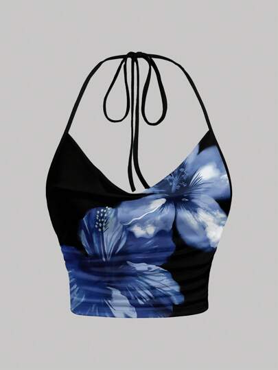 SHEIN EZwear Casual Minimalist Draped Neck Blue Floral Print Tie Front Fitted Blouse, Suitable For Vacation, Beach, Spring Break Girls Trip, Back To School Beach Wear Floral Crop Top Flower Top Halter Top Floral Top Suitable For Going Out