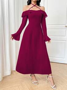 Modelyn 女士露肩系带派对及婚礼修身优雅连衣裙 - 玫紅色 - 查看 4