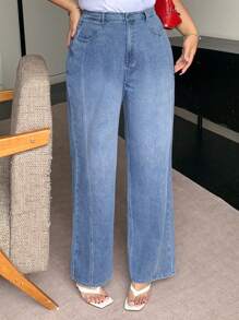 Dazy Plus 及踝长度渐变色水洗渐变半弹性腰部开叉直筒牛仔裤 - 中等水洗藍 - 查看 6