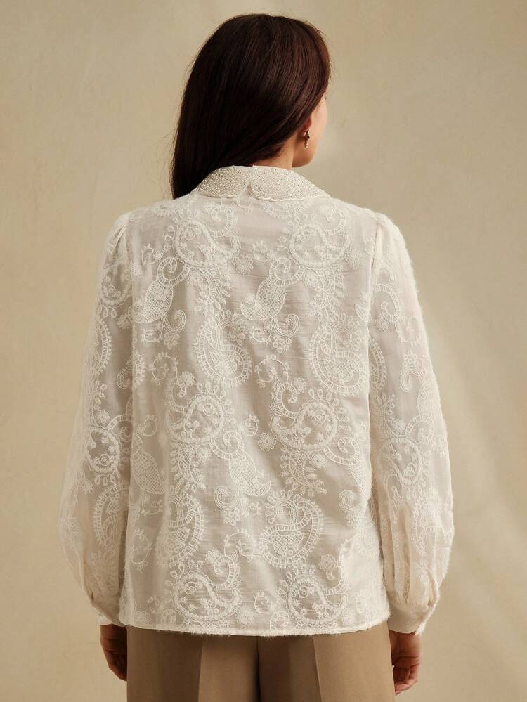 Blusa di lusso da donna con colletto decorato - Decorato con strass e perle