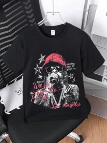 SHEIN 1pc Tween Boy Casual Hip Hop Character & Slogan Oversized Short Sleeve Black T-Shirt, Summer - Black - View 1