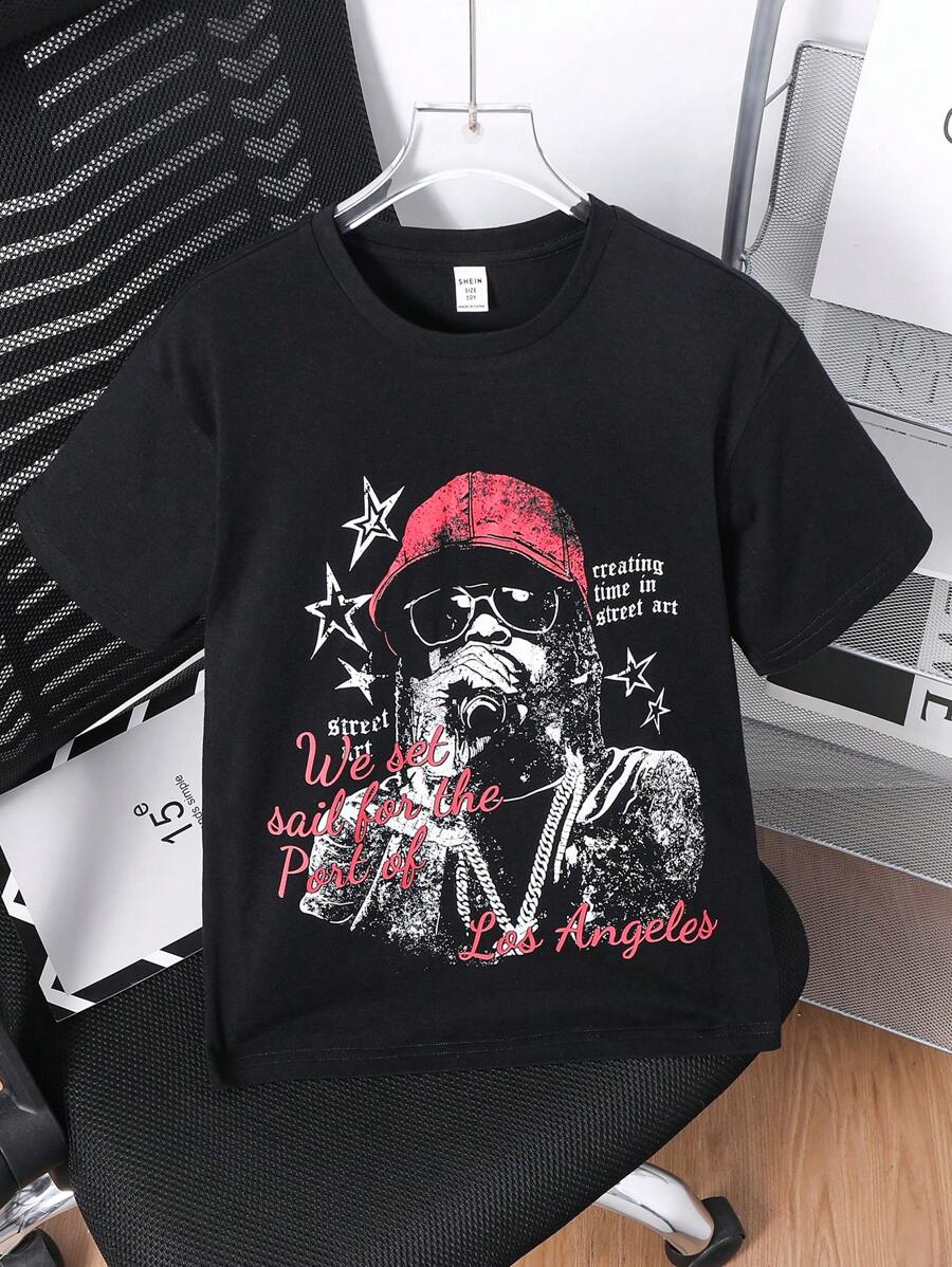 SHEIN 1pc Tween Boy Casual Hip Hop Character & Slogan Oversized Short Sleeve Black T-Shirt, Summer - Black - View 1