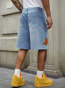 ROMWE MEN Street Life Spring/Summer Valentine 'Sday Casual Graphic Men'S Summer Casual Floral Embroidery Denim Shorts - Blue - View 4