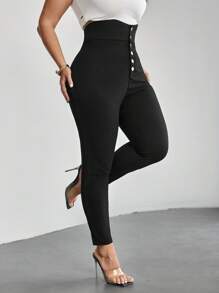 SHEIN Privé Pantalones Ajustados De Talla Grande Con Cintura Alta Y Cremallera De Botón - Negro - Ver 8