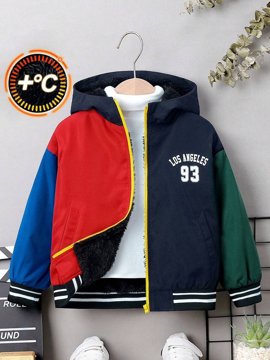 SHEIN Young Boy Casual Comfortable Warmth Letter & Christmas Color Block Striped Hooded Jacket With Thermal Lined, Autumn & Winter - Navy Blue - View 1