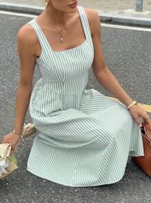 Siren Gaze Women Striped Printed Square Neck Sleeveless Mid-Calf Dress, Summer