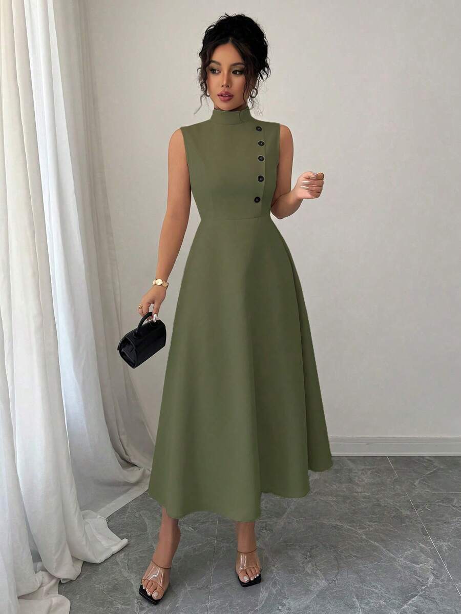 Elenzga 优雅夏季休闲无袖连衣裙，带装饰纽扣 - 軍綠色 - 查看 1