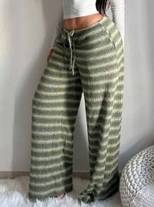 SHEIN SXY Women's Comfortable Casual Simple Low Waist Drawstring Wide Leg Pants Striped Pants Set Comfy Pants Set Women Lounge Pants Set - Multicolor - View 6
