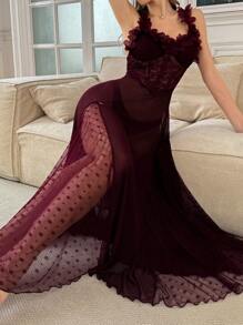 SHEIN Women's Sexy Lace Floral Mesh Spaghetti Strap Long Nightgown With Waist Design Lingerie Dress See Through Dress Long Night Dress Lace Dress - Maroon - View 3