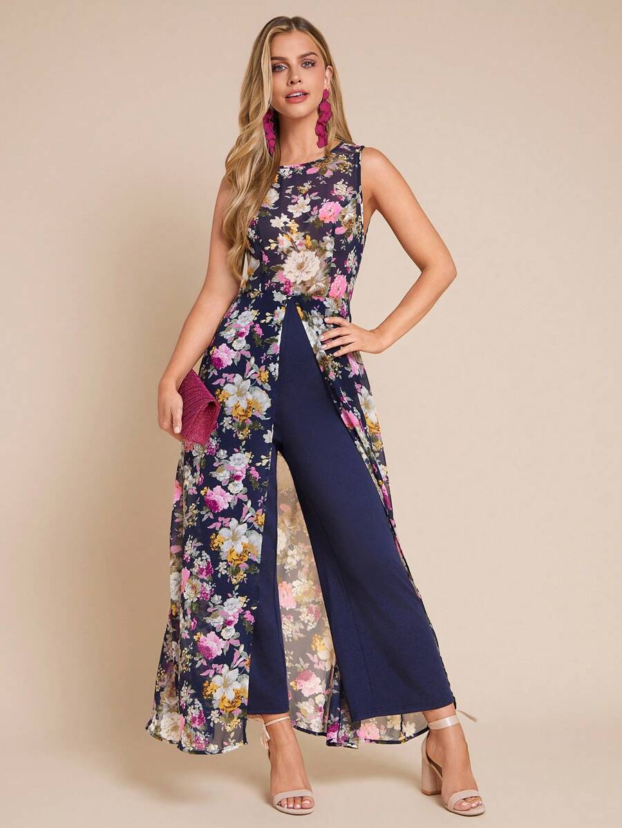 Amorya 女式优雅花卉印花拼接高开衩无袖连体裤，夏季 - 彩色 - 查看 1