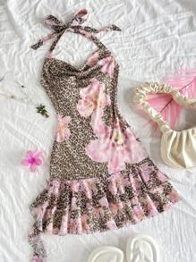 SHEIN Vestido corto con cuello halter drapeado, espalda descubierta, volantes en el bajo y estampado de leopardo y flores colorido para niña preadolescente. Incluye shorts incorporados. Ideal para vacaciones, Pascua, conciertos, festivales, cumpleaños y otros eventos. - Caqui - Ver 3