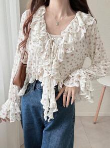 FRIFUL 女士系带荷叶边碎花修身衬衫，百搭沙滩装派对长袖上衣，度假必备 - 米色 - 查看 5