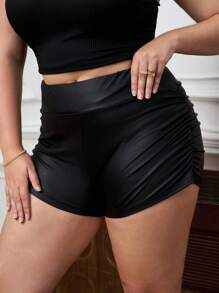 SHEIN Tall CURVE Celana Pendek Kulit Imitasi Elastis Berkerut Warna Polos Serbaguna untuk Ukuran Plus - Hitam - View 7
