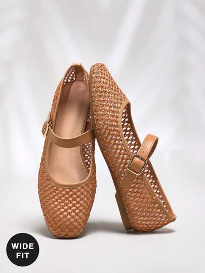 SHUZIA Women's Wide Fit Square Toe Fisherman Woven Maryjane Ballet Flats