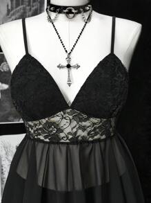 Flirla Plus Size Rave New Sexy Elegant Sheer Contrast Lace Chiffon Camisole Top, Intimate Sleepwear - Black - View 2