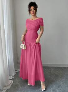 Modelyn Robe femme épaules dénudées en maille texturée avec empiècement de couleur unie extensible - Rose vif - Voir 5