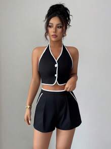 Selianne 夏季新款性感撞色饰边系带短款上衣 + 斜口袋短裤两件套女装 - 黑色 - 查看 7