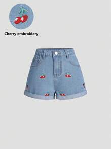 SHEIN Wildeya Pantalones cortos de mezclilla rotos con puños y bordado de cerezas para niñas, sin accesorios