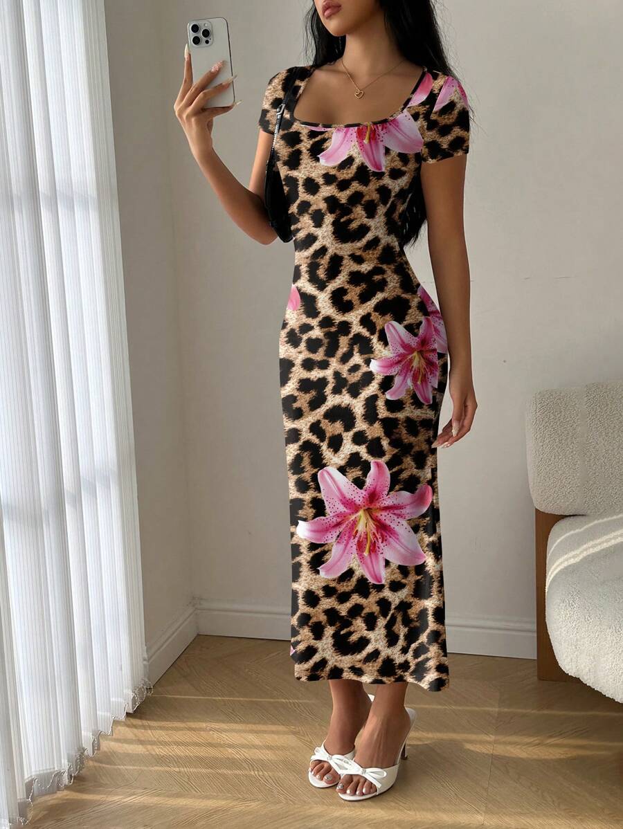 Modelyn Vestido ajustado con escote cuadrado, volantes y recortes, estilo veraniego
