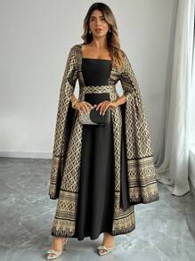 Elenzga Plus Size Square Collar Cape Sleeve Summer Fashion Cinched Waist Retro Elegant Dress Fall Cloth For Women - Multicolor - View 5