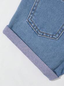 SHEIN سروال نسائي جينز فضفاض طويل الساق مرتفع الخصر مع تمزق هام الأرجل - أزرق متوسط - مشاهدة 3