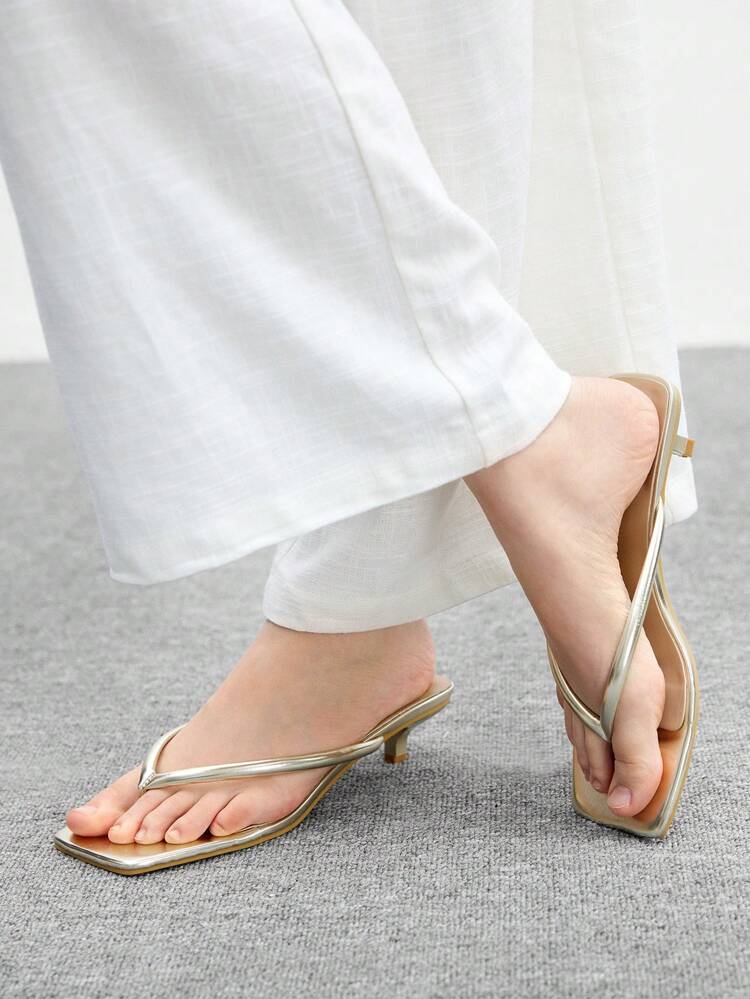 CUCCOO BIZCHIC Women's Narrow Heel Solid Color Square Toe Elegant Thong Sandals, Summer For Christmas Spring Shoes