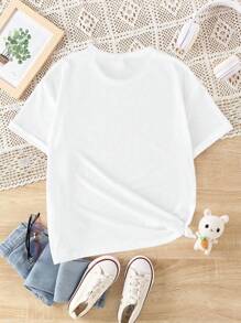 Camiseta básica de manga corta con estampado de letra en forma de limón, decorada con lema casual, rama y lazo para niñas