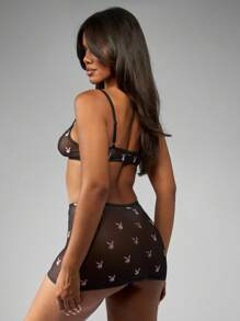 Missguided x Playboy Bunny Print Sheer Mesh Bralette And Mini Skirt High Waist Lingerie Fall Winter Collection Party Occasion - Black - View 2