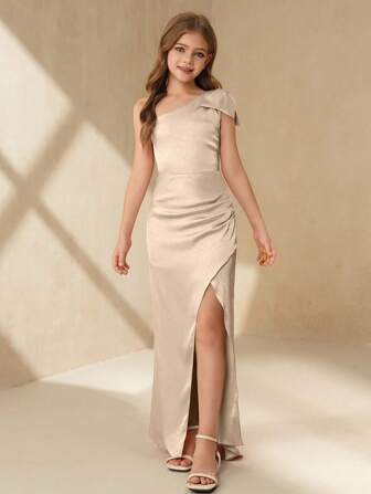 SHEIN Robe longue de cérémonie plissée à nœud d'une seule épaule avec fente latérale, de haute qualité, convenant pour demoiselle d'honneur, mariage, banquet, anniversaire, représentation