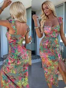 EMERY ROSE Women's Floral Print Split Midi Dress, Summer - Multicolor - View 1