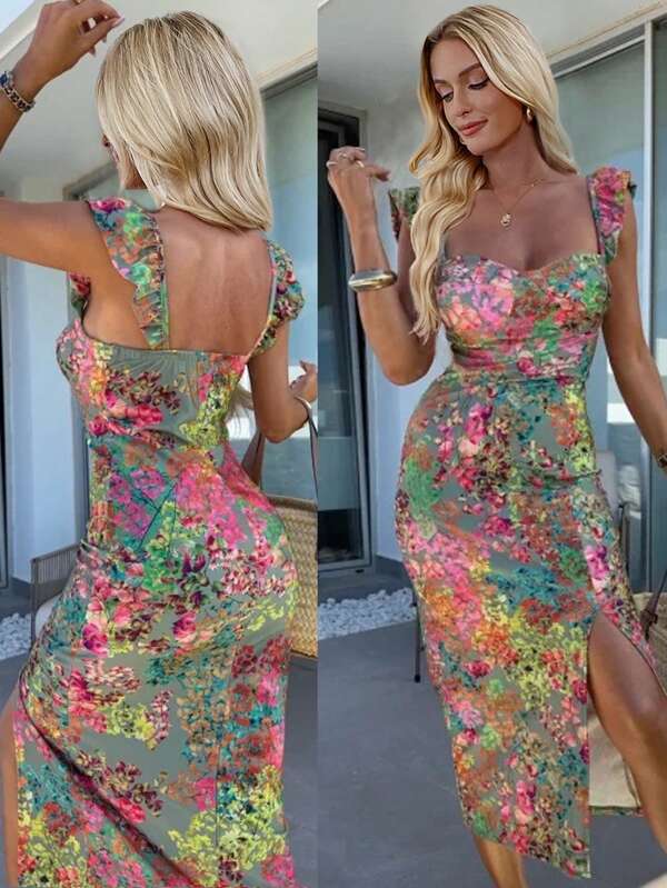 Breezaya Rochie midi cu imprimeu floral și decupaj pentru femei, de vară
