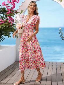 Vivid Eden 夏季周末约会连衣裙，女士V领荷叶袖修身连衣裙，收腰设计，A字裙摆飘逸，适合夏季海滩度假、返校季、简约日常、办公室着装、优雅气质、教师装、约会、独立日、毕业季、周末婚礼季、姐妹下午茶聚会、节日庆典等场合，波西米亚风女装 - 彩色 - 查看 1