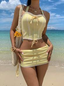 SHEIN EZwear 2 件套女士露背上衣和迷你裙套装，夏季时尚，海滩