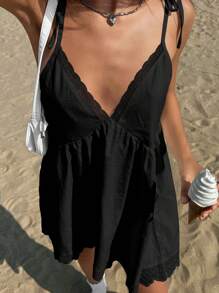 Jouncy Women's Contrast Lace Sexy Mini Cami Dress For Summer Vacation - Black - View 4