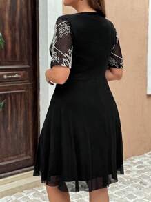 EMERY ROSE Plus Size Summer Black And White Elegant Plant Embroidery Patchwork Dress For Dinner,Tea Party,Business Casual Women's Wear,Bohemian Graduation Outfit - Black - View 2