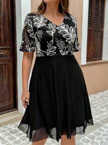EMERY ROSE Plus Size Summer Black And White Elegant Plant Embroidery Patchwork Dress For Dinner,Tea Party,Business Casual Women's Wear,Bohemian Graduation Outfit - Black - View 3